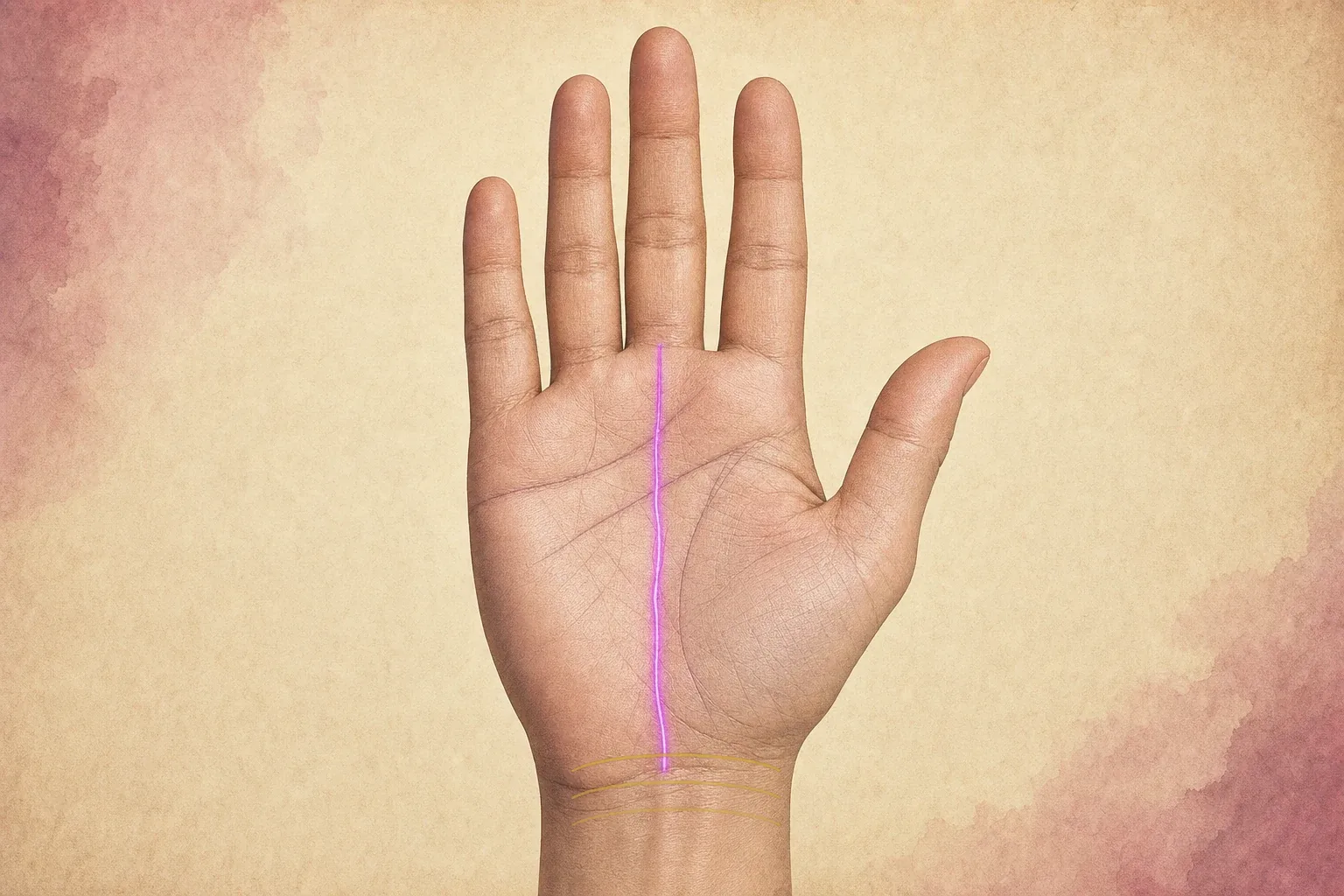 Palm with three bracelet lines traced across the wrist and a fate line rising from the first bracelet