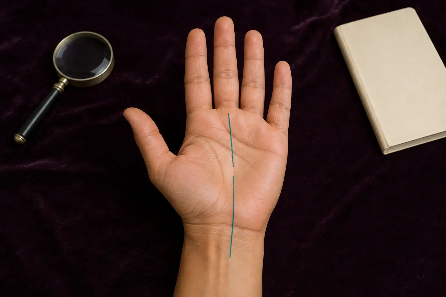 Right palm with a muted teal Fate line shown as two aligned central segments separated by a clear gap