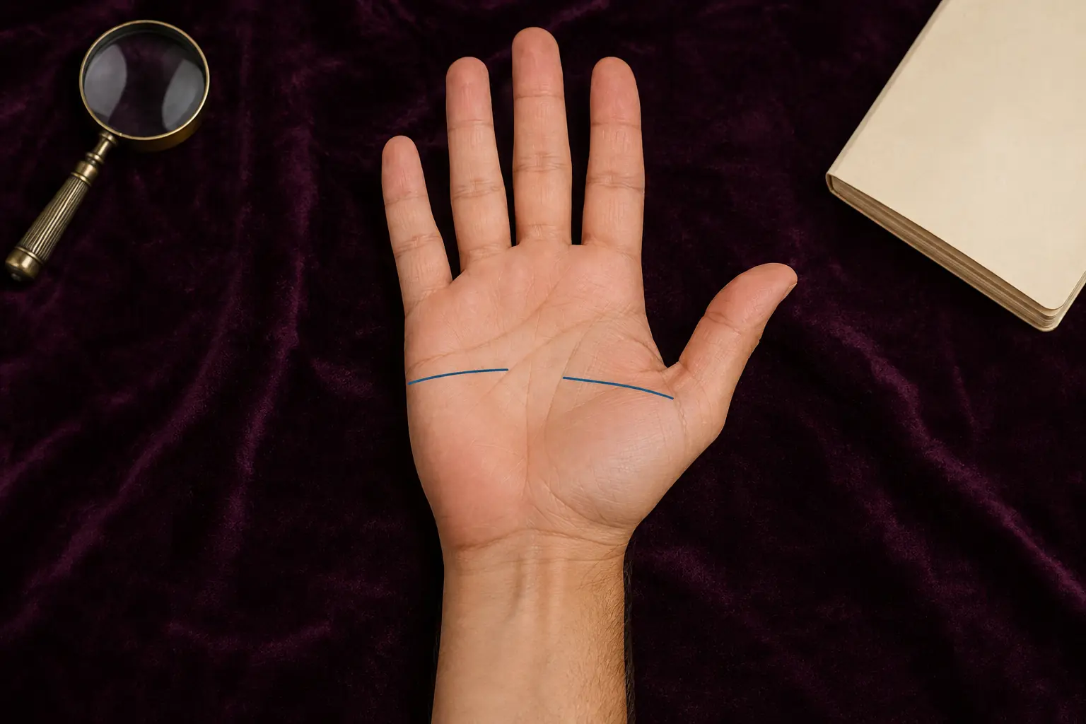 Right palm with a muted blue Head line shown as two aligned middle-palm segments separated by a clear gap
