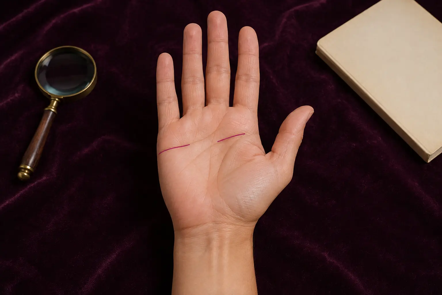 Right palm with a muted rose heart line shown as two aligned upper-palm segments separated by a clear gap