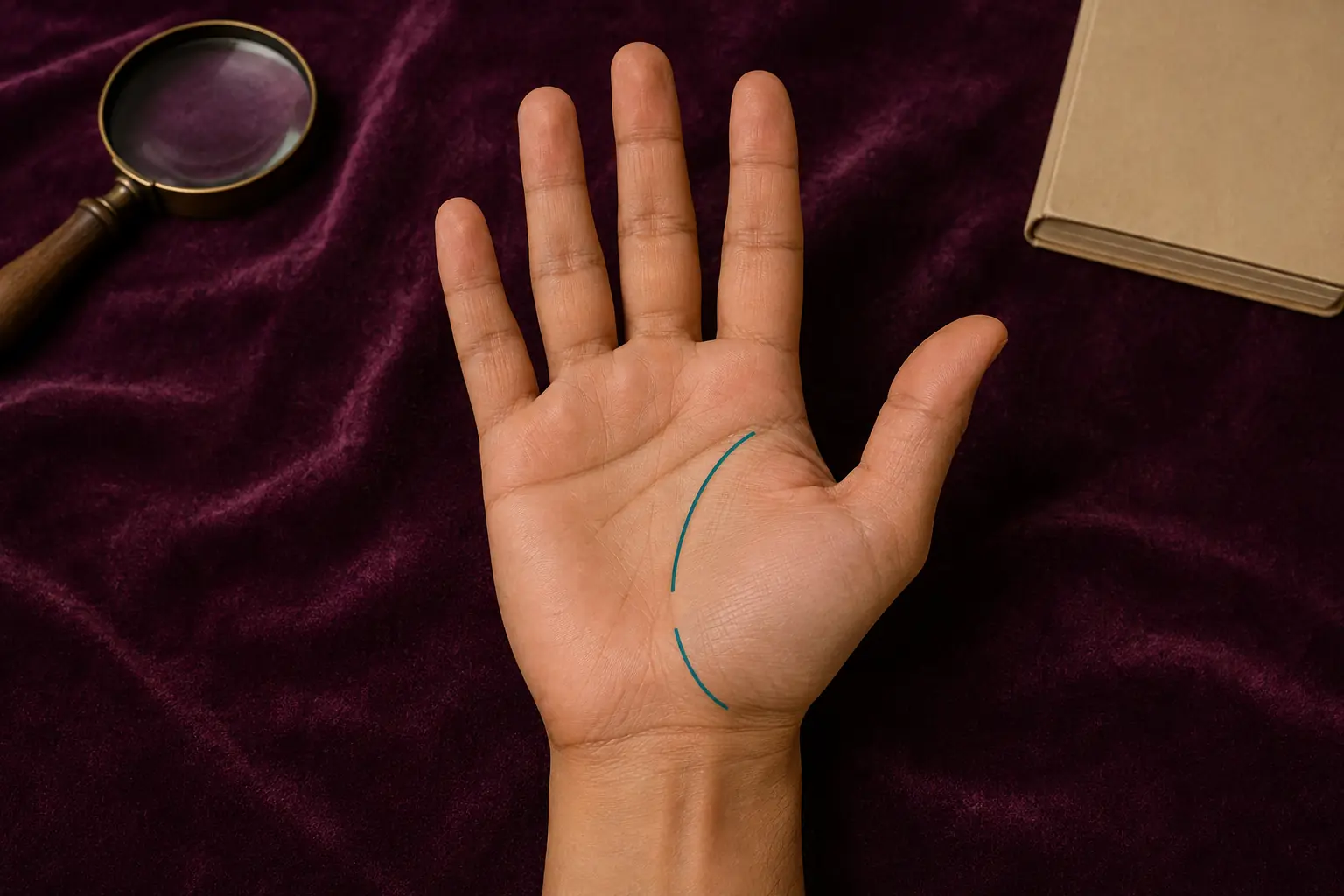 Right palm with a muted teal life line shown as two aligned curved segments separated by a clear gap