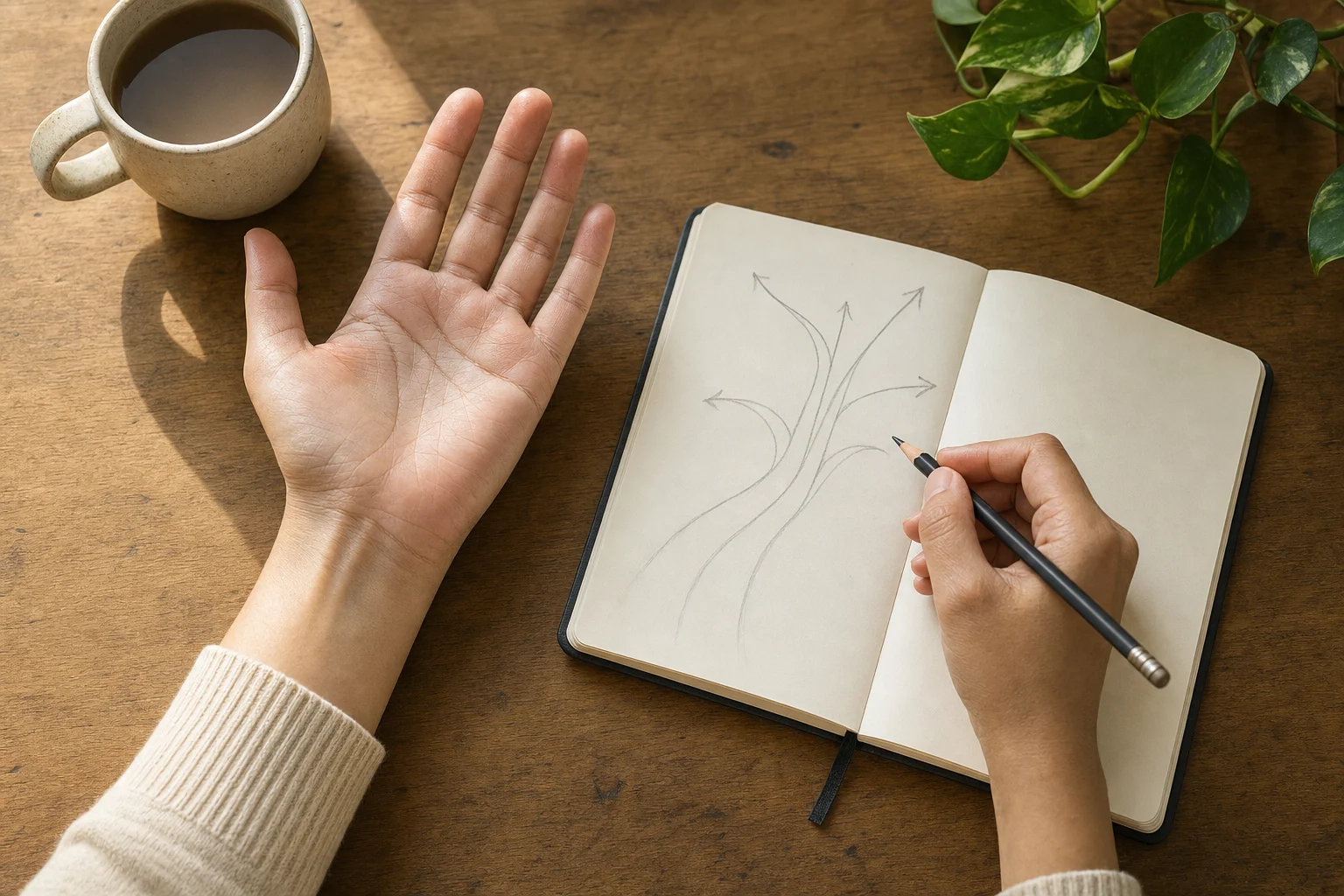 Open palm beside a notebook with symbolic career paths branching outward