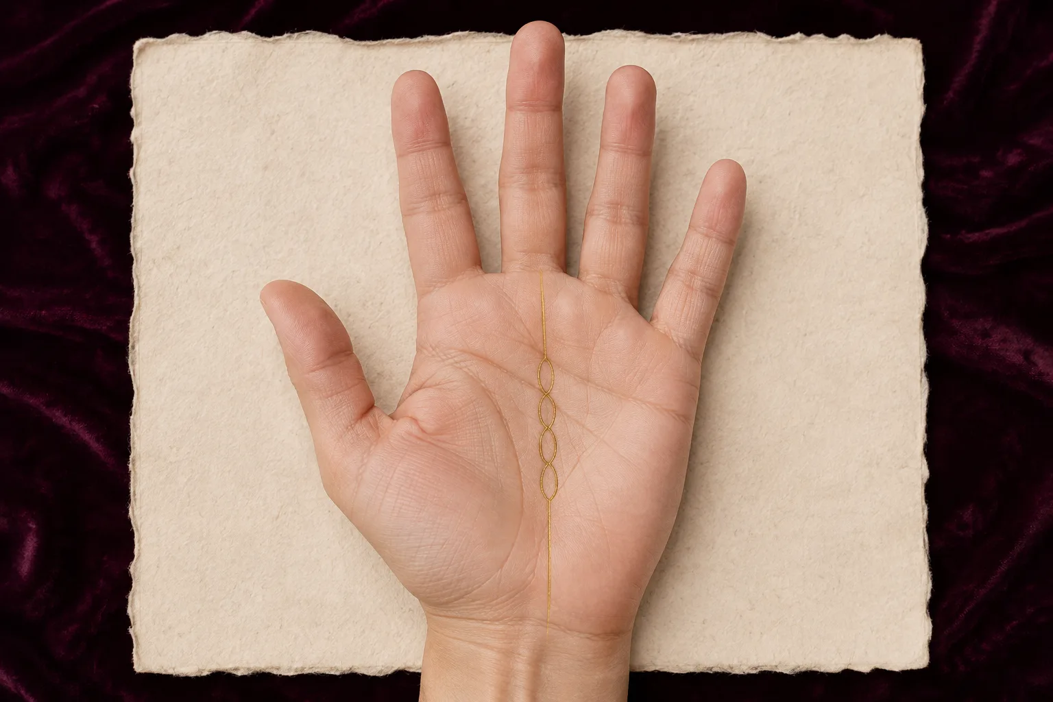 Open right palm with four linked loops highlighted on a vertical Fate line toward the middle finger