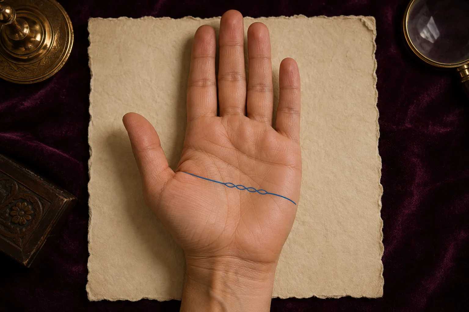 Right palm with a blue Head line containing several connected loops across the middle palm