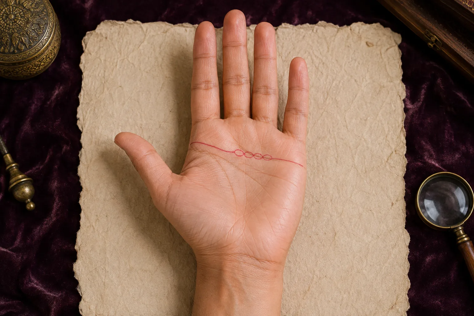 Right palm with a rose Heart line containing several connected loops below the fingers