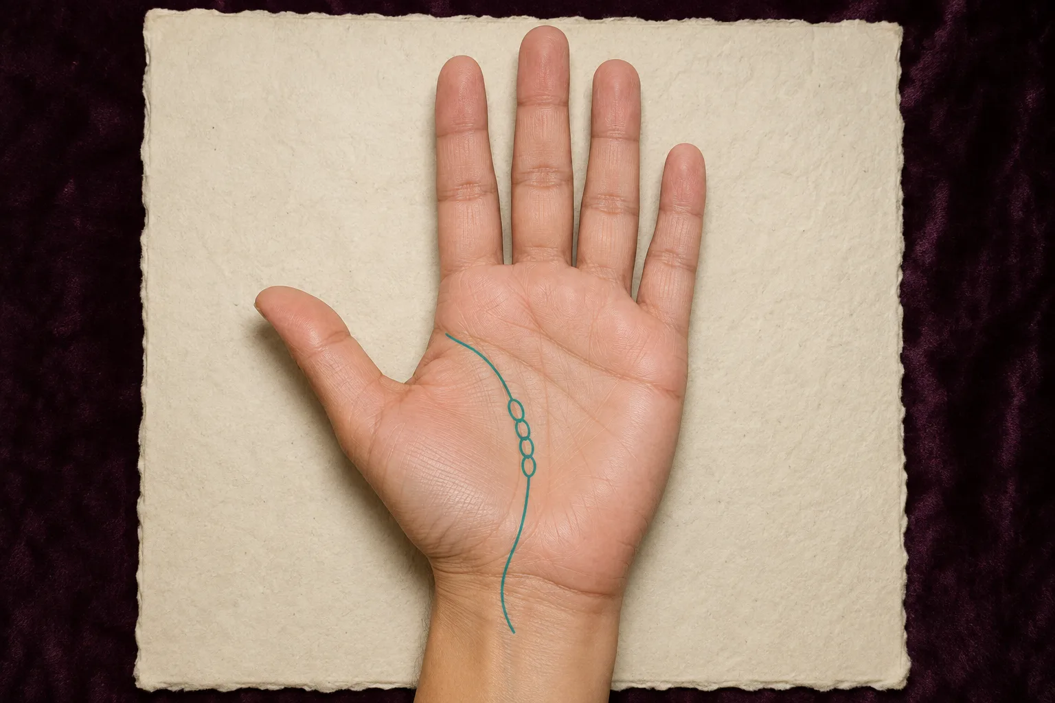 Open right palm with four linked loops highlighted along the Life-line arc around the thumb