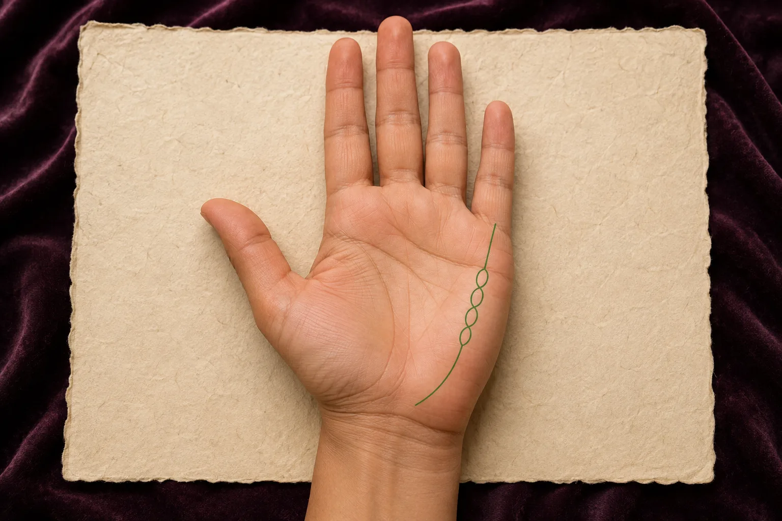 Open right palm with four linked loops highlighted on a Mercury line below the little finger