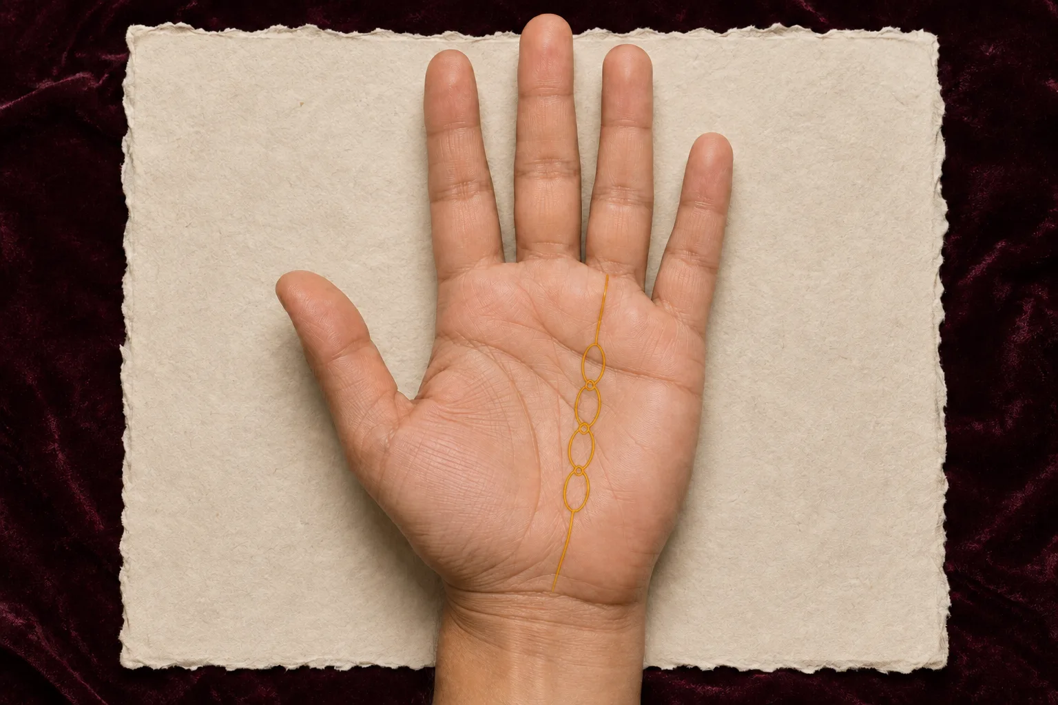 Open right palm with four linked loops highlighted on a vertical Sun line below the ring finger