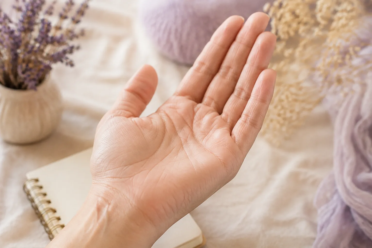 Open palm angled to show the fine creases below the little finger