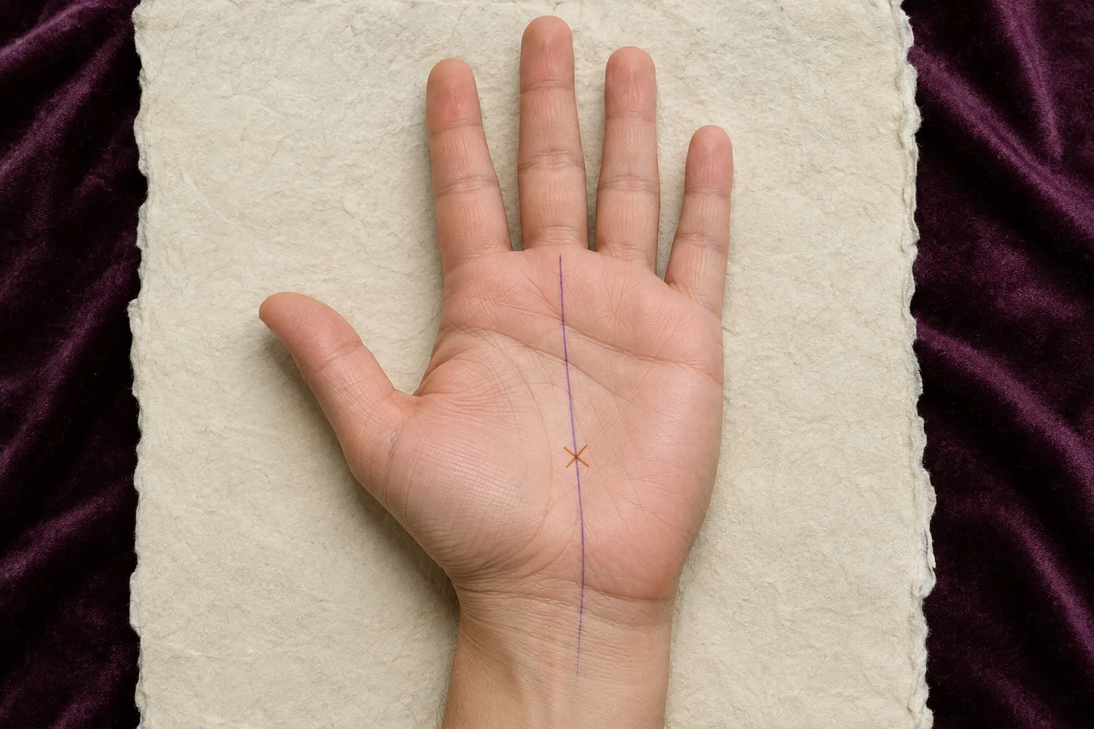 Open right palm with one amber X centered on a violet Fate line