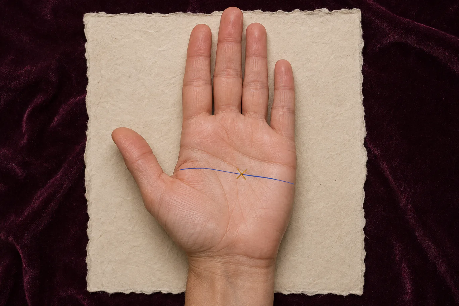 Open right palm with one amber X centered on a blue Head line