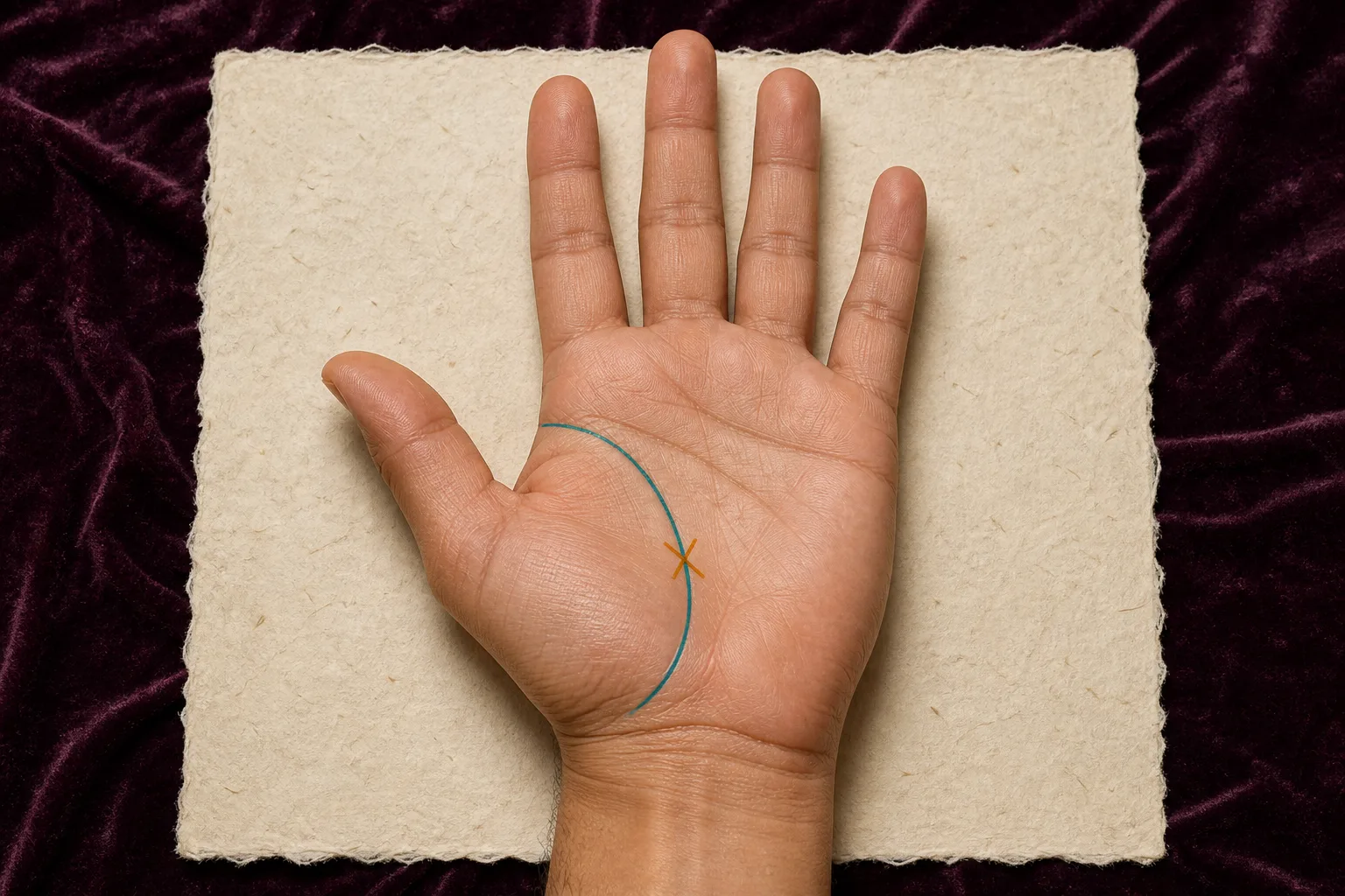 Open right palm with one amber X centered on a teal Life-line arc