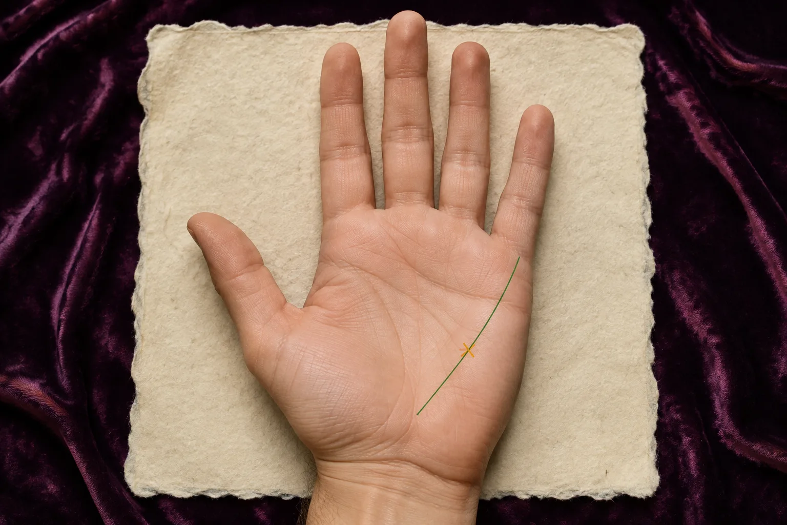 Open right palm with one amber X centered on a green Mercury line