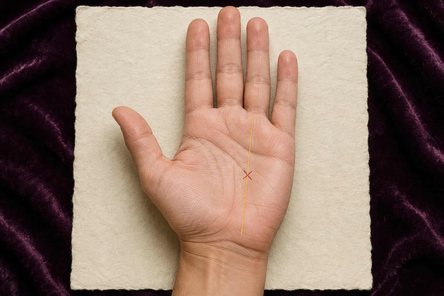 Open right palm with one crimson X centered on a gold Sun line
