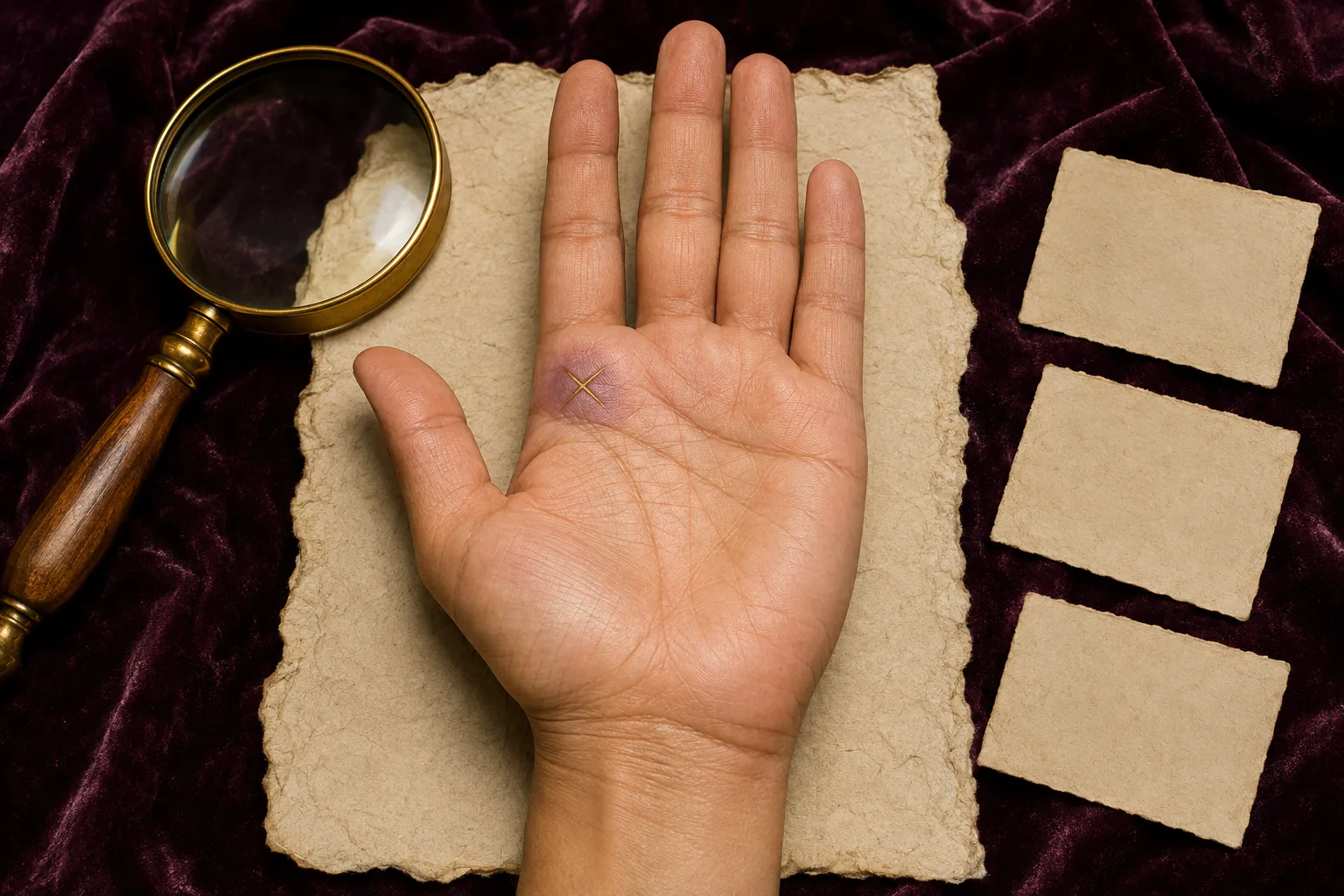 Right palm with two short independent creases forming a highlighted X on the Jupiter mount