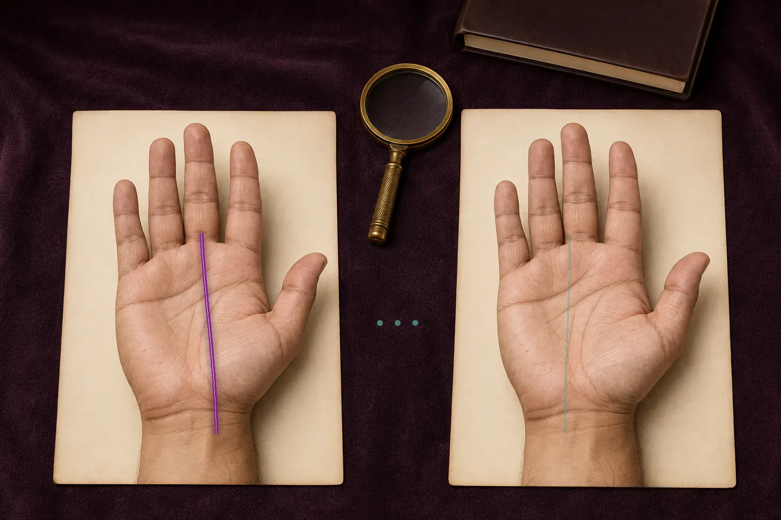 Matched palms comparing one deep violet fate-line trace with one fine faint teal trace