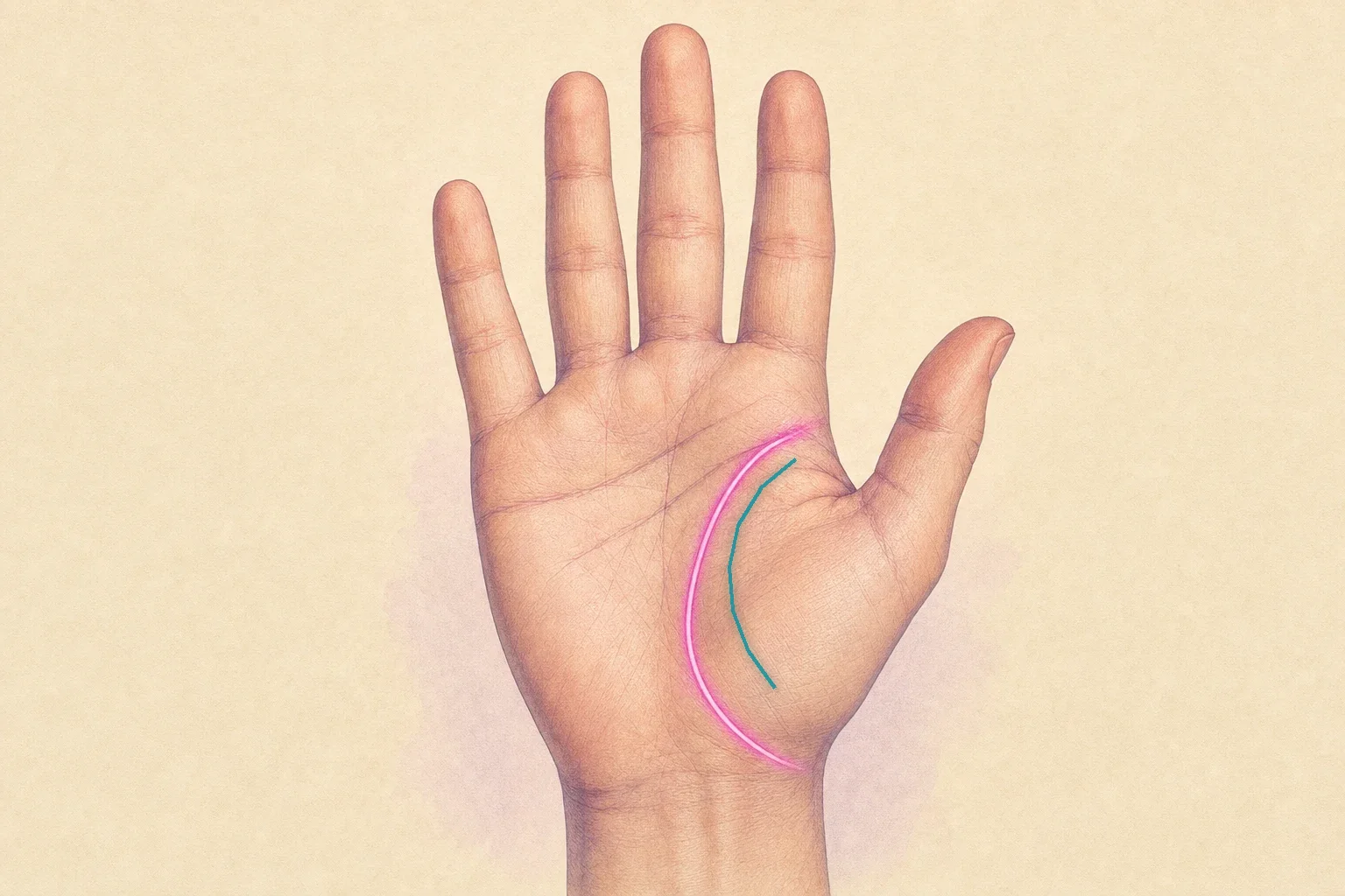 Life line highlighted in pink with a shorter teal sister line running parallel inside its arc