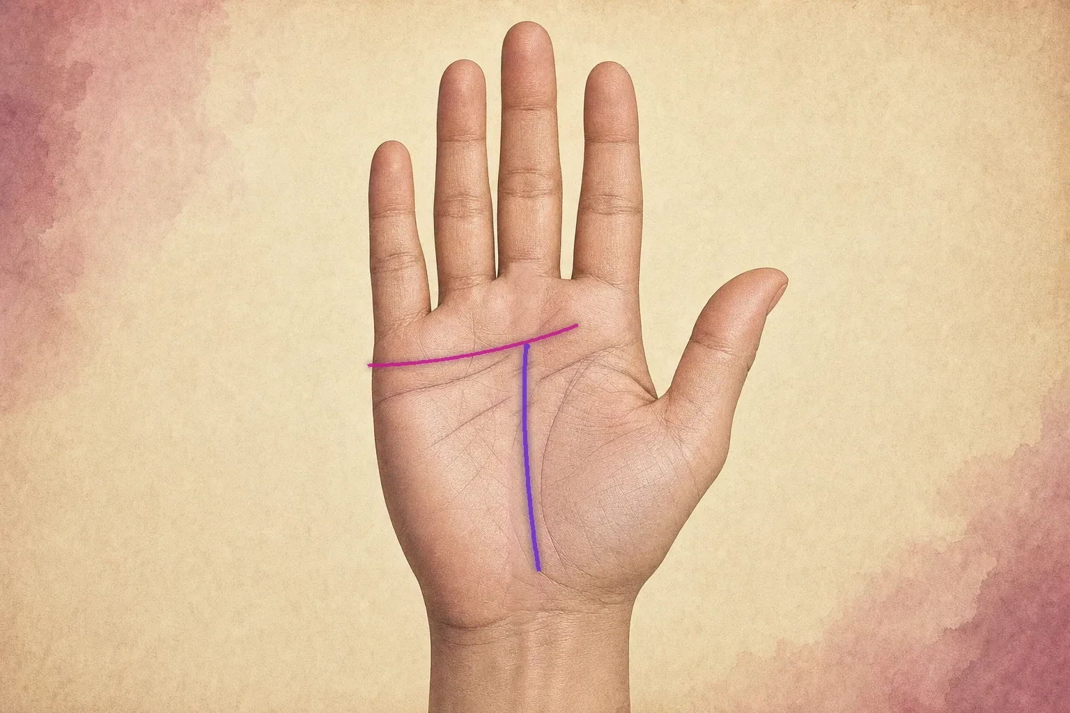 Violet fate line rising through the palm and stopping where it meets the magenta heart line