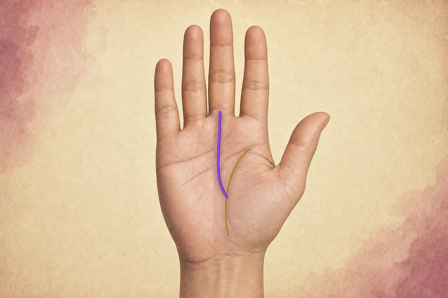 Violet fate line highlighted from a gold life-line junction toward Saturn below the middle finger