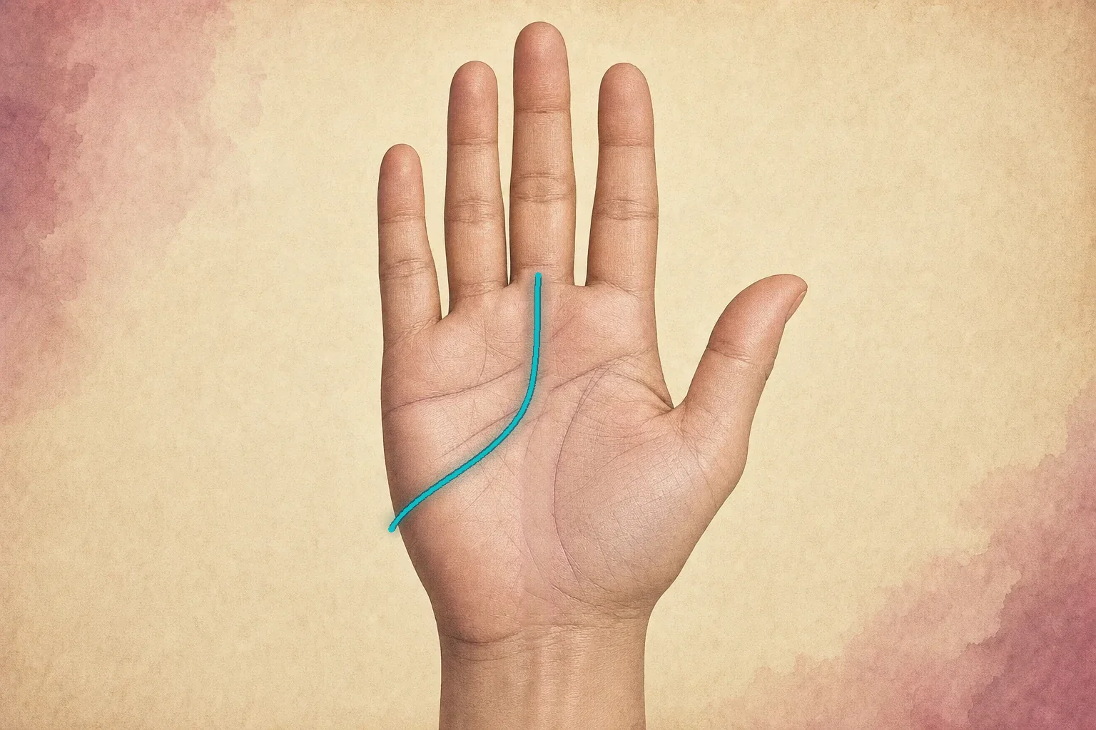 Teal fate line highlighted from the outer Moon mount across the palm toward Saturn below the middle finger