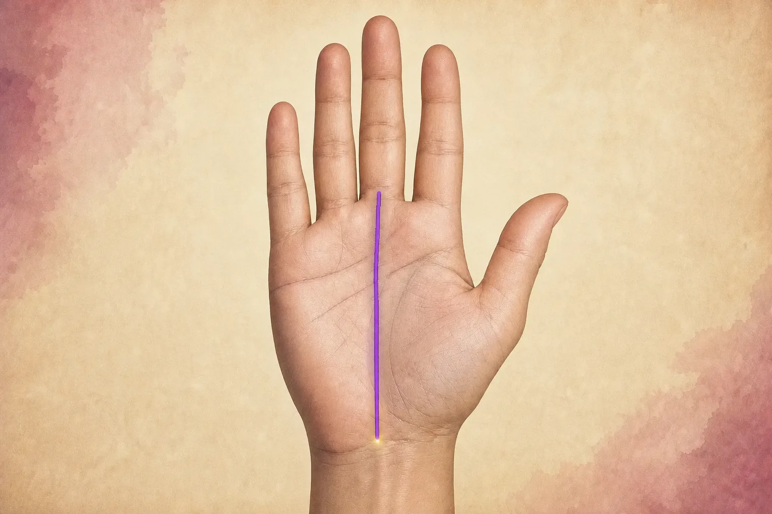 Single violet fate line beginning above the wrist and rising to Saturn below the middle finger