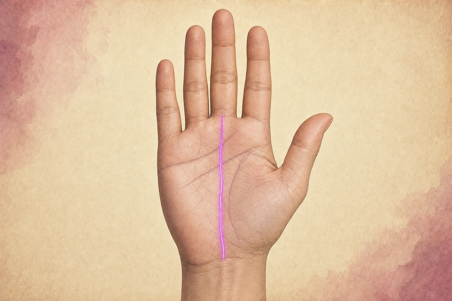 Open palm with the vertical fate line highlighted from the wrist toward the middle finger