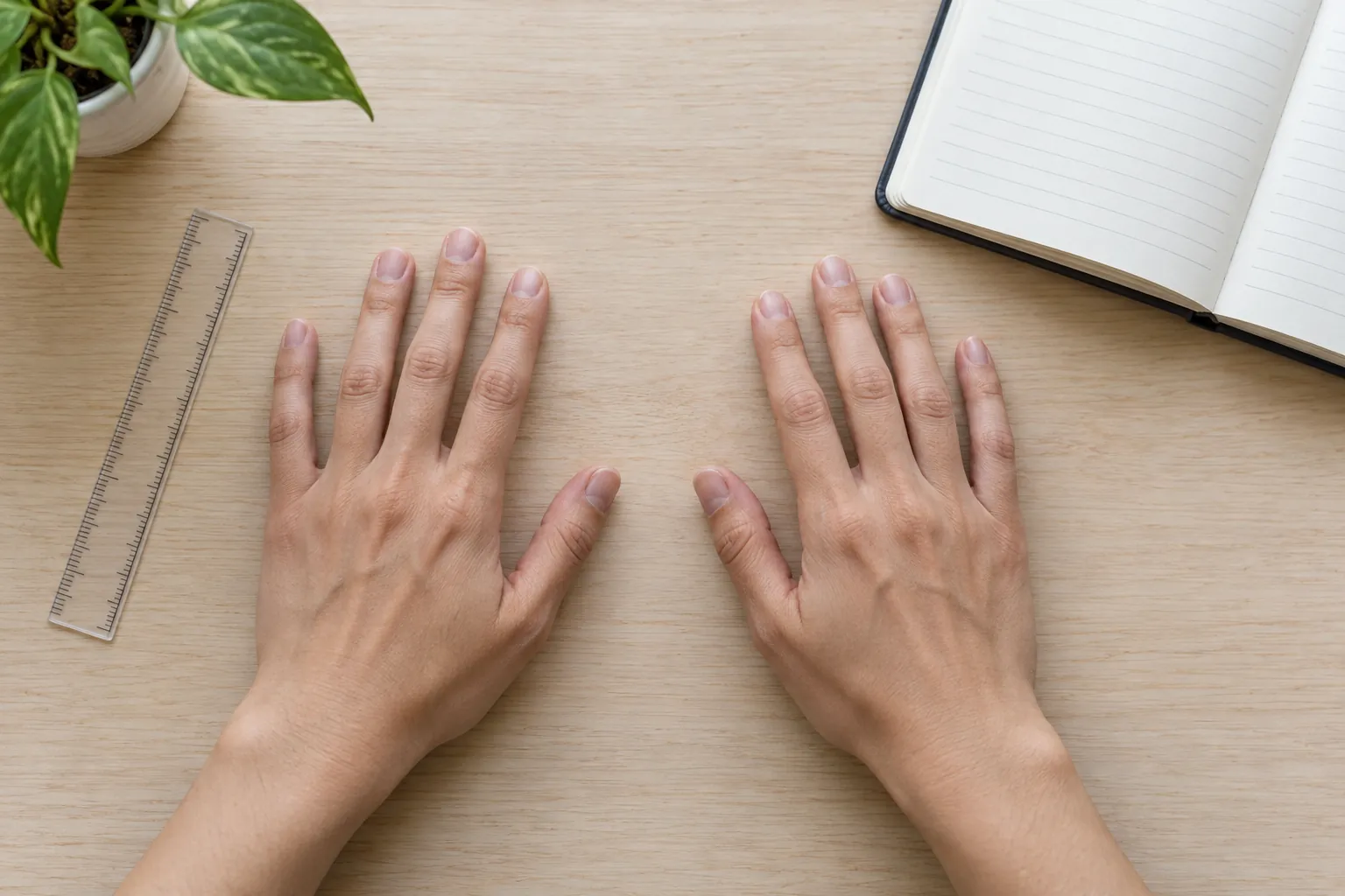 Two hands resting on a table under daylight, fingers spread, with a small ruler and an open notebook beside them