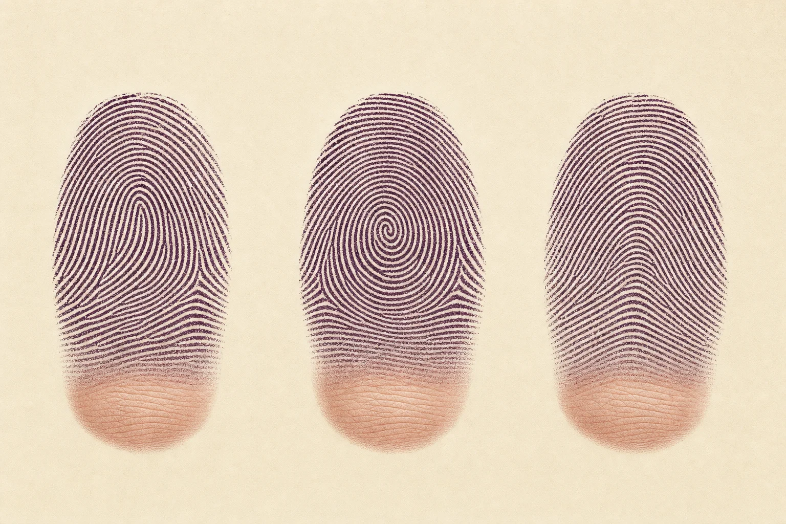 Loop, whorl, and arch fingerprint ridge patterns arranged side by side