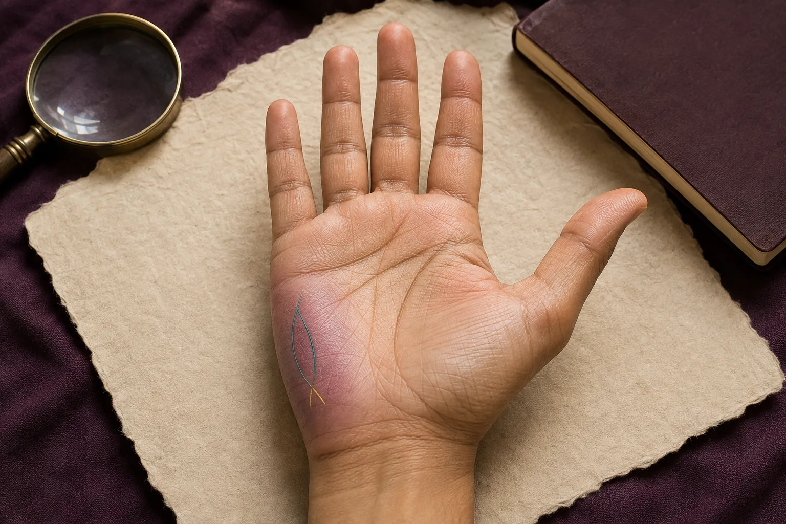 Right palm with a fish-shaped crease formation highlighted on the lower outer Moon mount