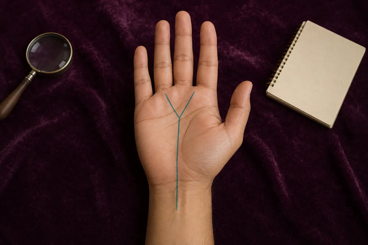 Right palm with one muted teal Fate line dividing at a shared junction into two upper branches