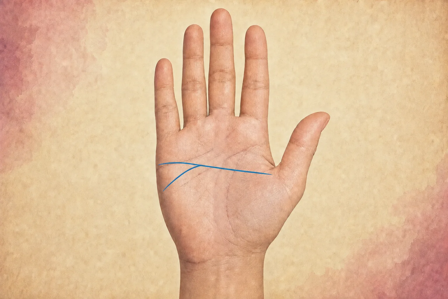 Blue head line crossing the palm and dividing into one straight and one Moon-directed terminal prong