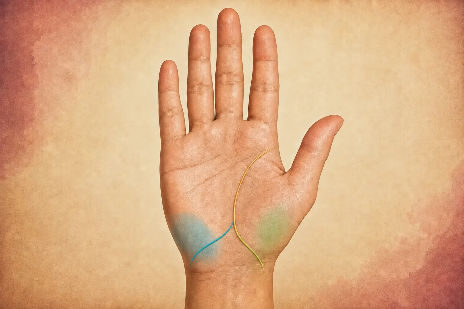 Gold life line ending in one green Venus prong and one teal Moon prong at a clear Y-shaped fork