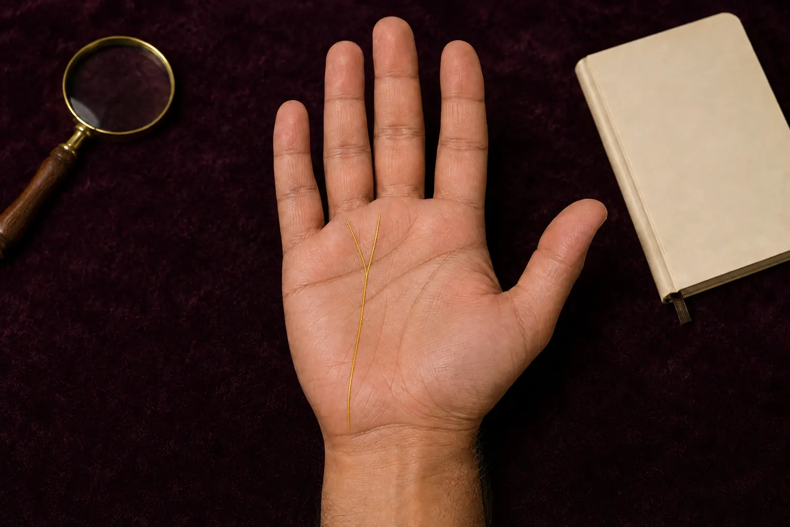 Right palm with one warm gold Sun line dividing at a shared upper-palm junction into two Apollo branches