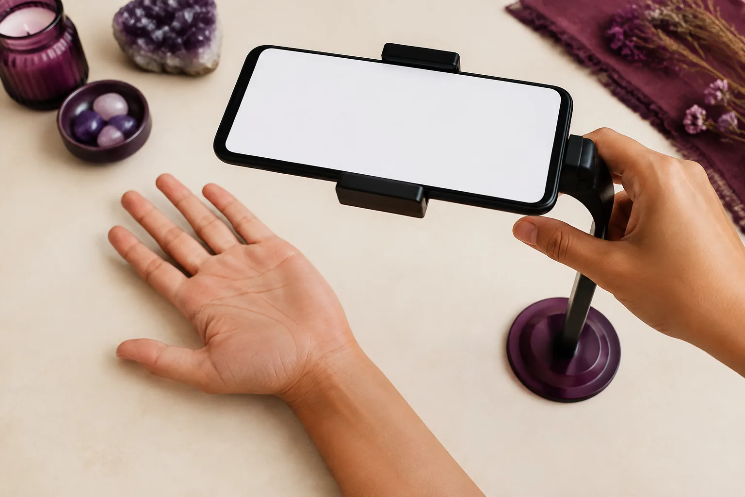 Smartphone positioned above an open palm to take a clear online palm-reading photo