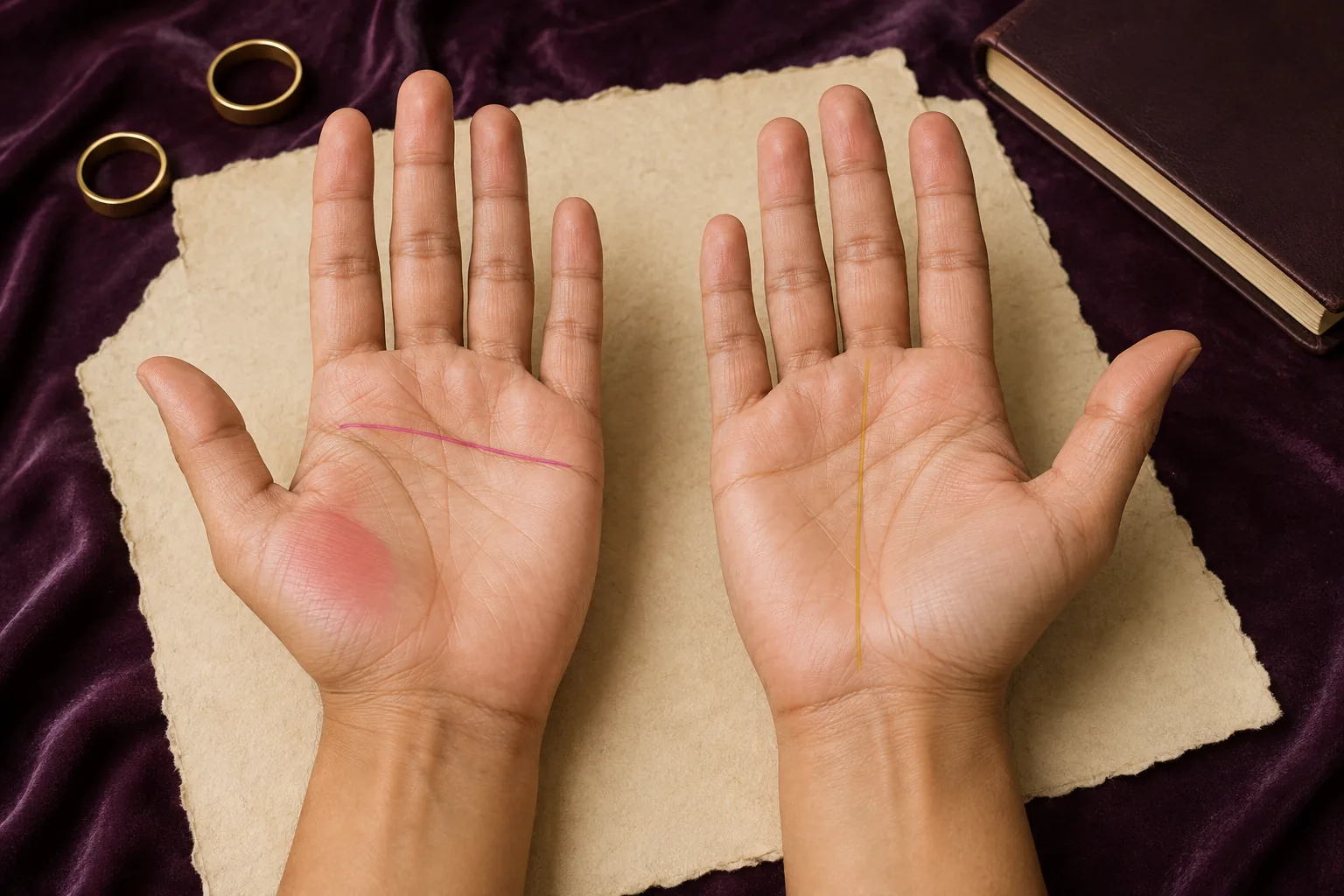 Two open palms with the heart line, Venus mount, and fate line highlighted beside two plain rings