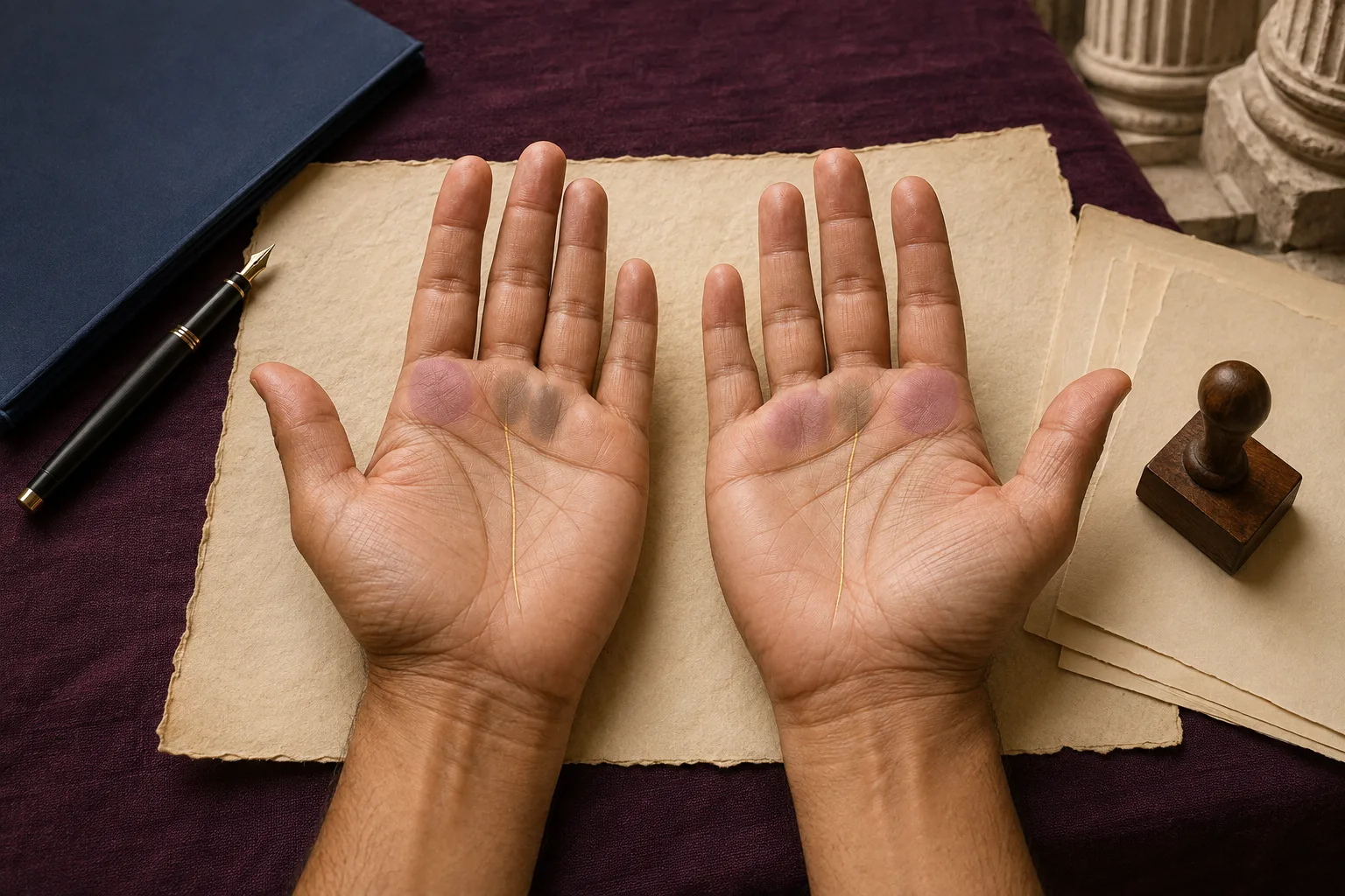 Two open palms with the fate lines and Jupiter and Saturn mounts highlighted beside blank institutional papers