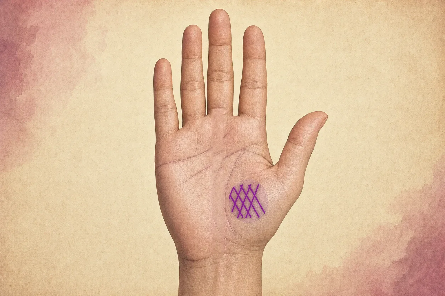 Open palm with a compact violet lattice of intersecting lines highlighted on the Mount of Venus