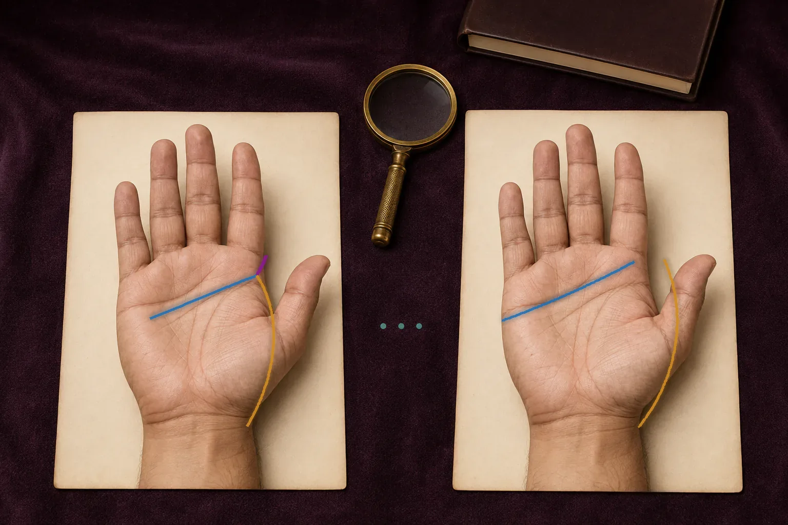 Matched palms comparing joined head and life line origins with clearly separated blue and gold origins