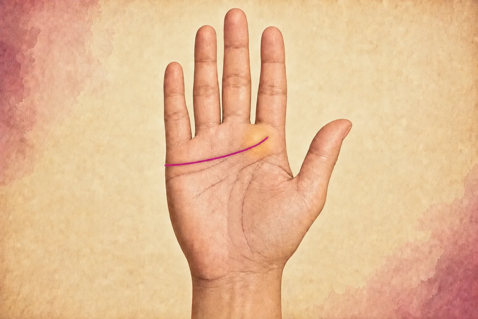 Single rose heart line ending in a gold-highlighted Jupiter zone beneath the index finger on an open palm