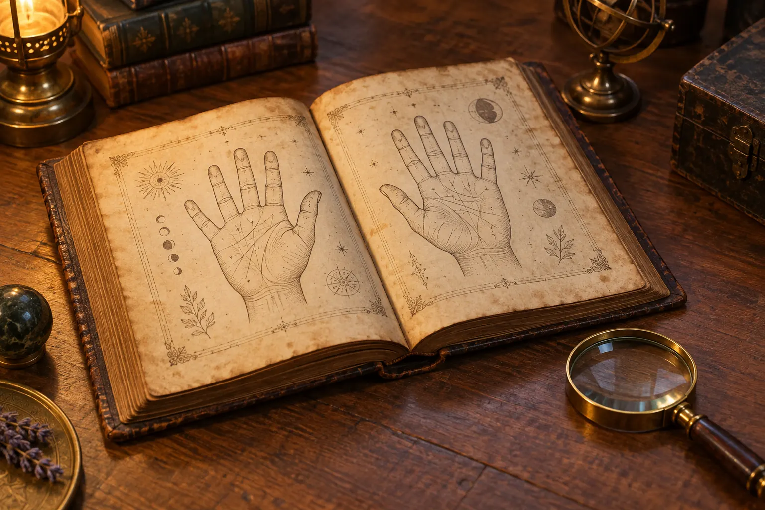 An old illustrated book of hand diagrams open on a wooden desk beside a magnifying glass