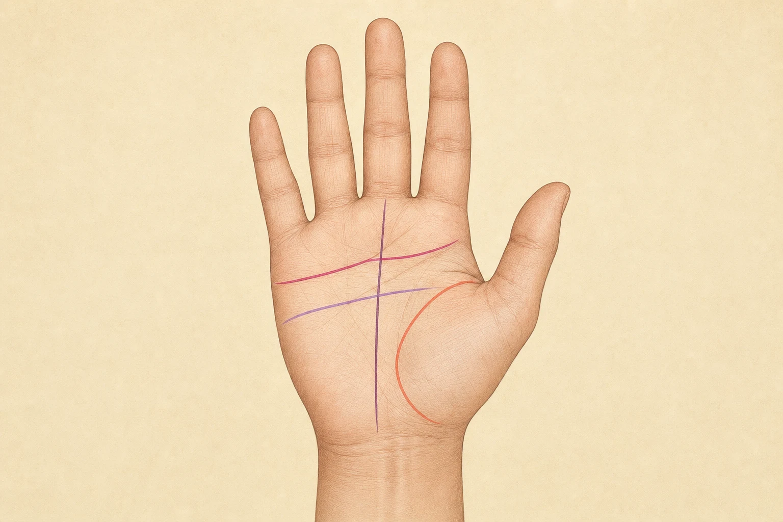 Open palm diagram highlighting the heart, head, life, and fate lines in different colors