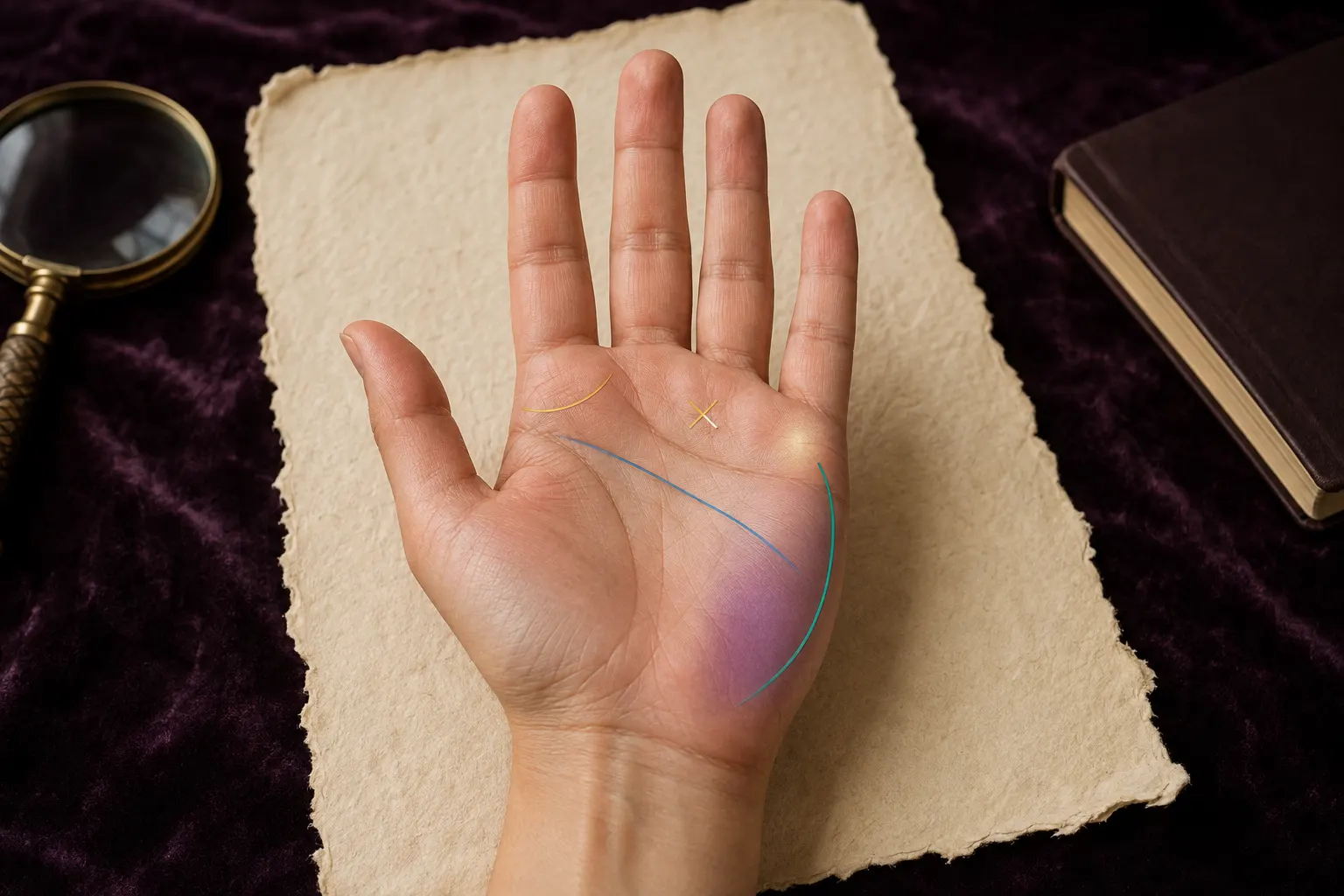 Right palm with Moon, intuition-line, sloping head-line, mystic-cross, and Ring of Solomon guides