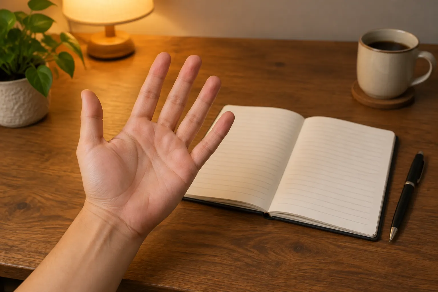 An open palm held under a lamp beside a notebook and a pen