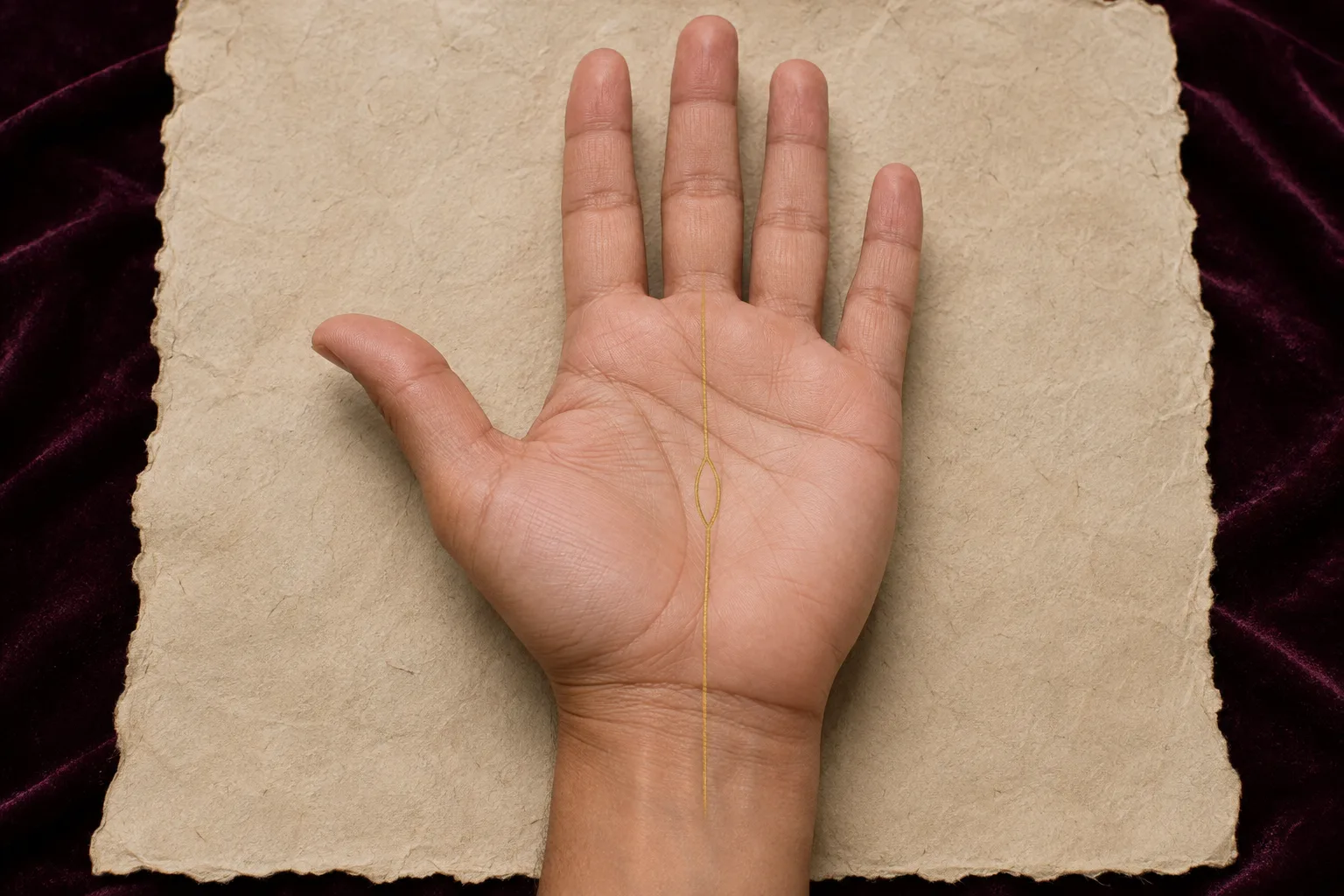 Open right palm with the vertical Fate line highlighted and one enclosed island marked between the Head and Heart lines
