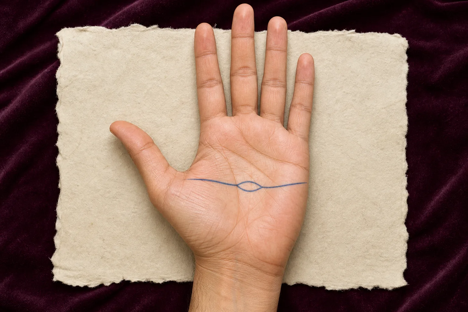 Open right palm with the Head line highlighted and one enclosed island marked in the middle of its route