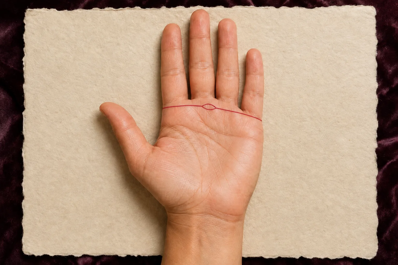 Open right palm with the upper Heart line highlighted and one enclosed island marked below the ring finger