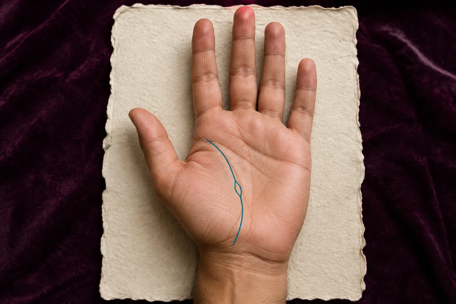 Open right palm with the Life line highlighted and one enclosed island marked along its arc around the thumb