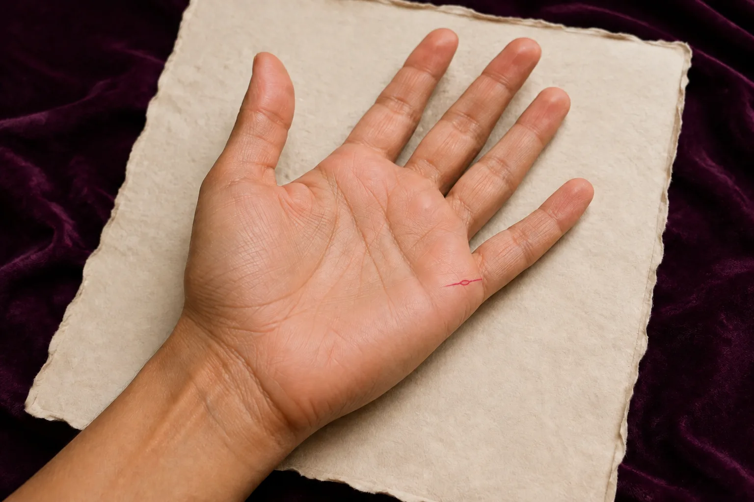 Open right palm showing one short relationship line with a closed island below the little finger