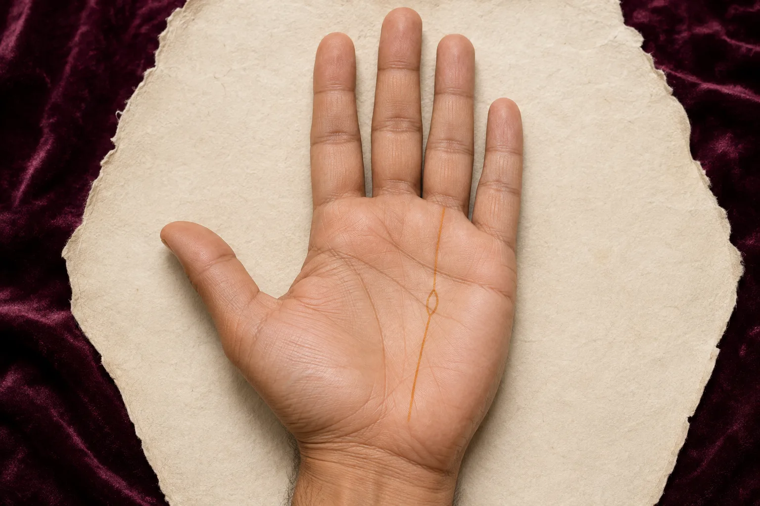 Open right palm showing one closed island on a vertical Sun line below the ring finger