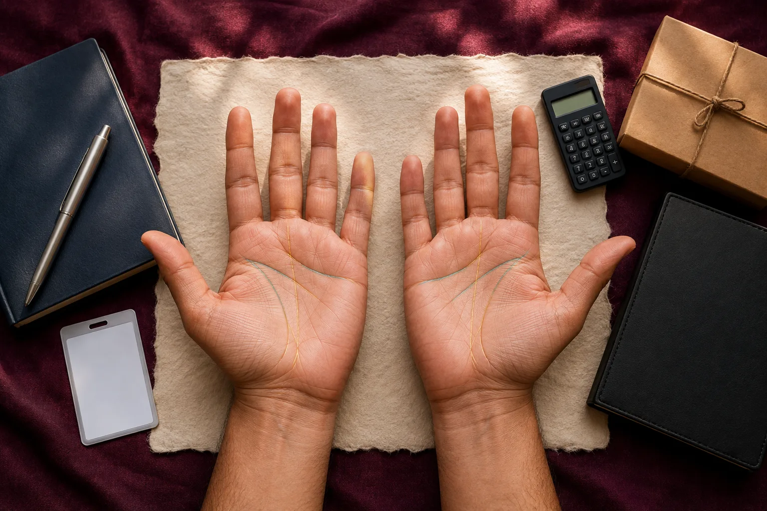 Two open palms between symbols of structured employment and independent business